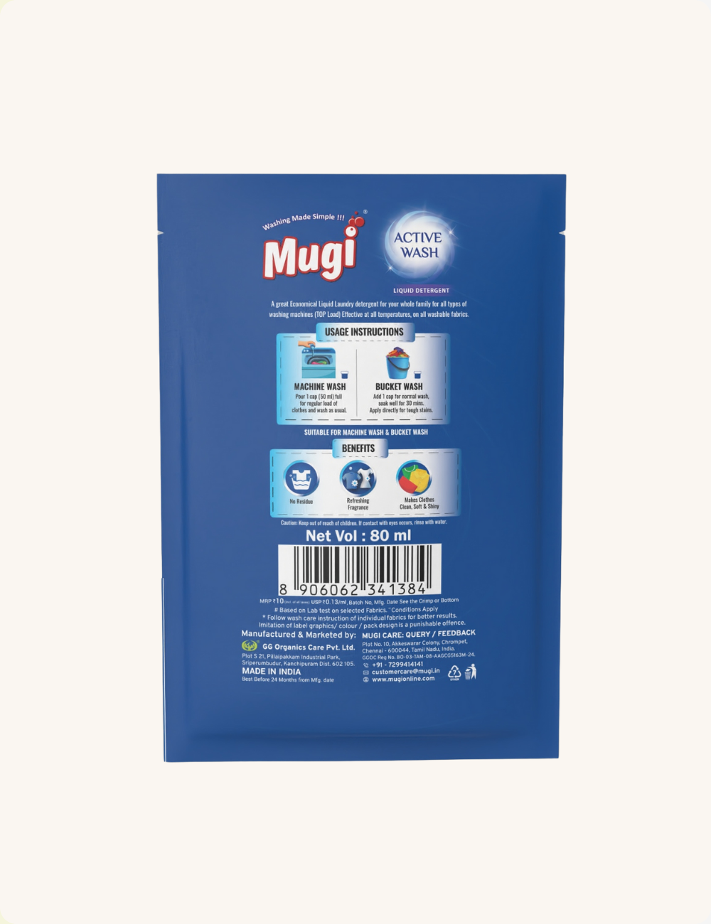 Mugi Active Wash Liquid Detergent - 80ml Pouch 40 Pices