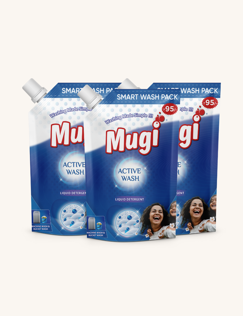 Mugi Active Wash Liquid Detergent - 1 Ltr Pouch (Pack of 3)