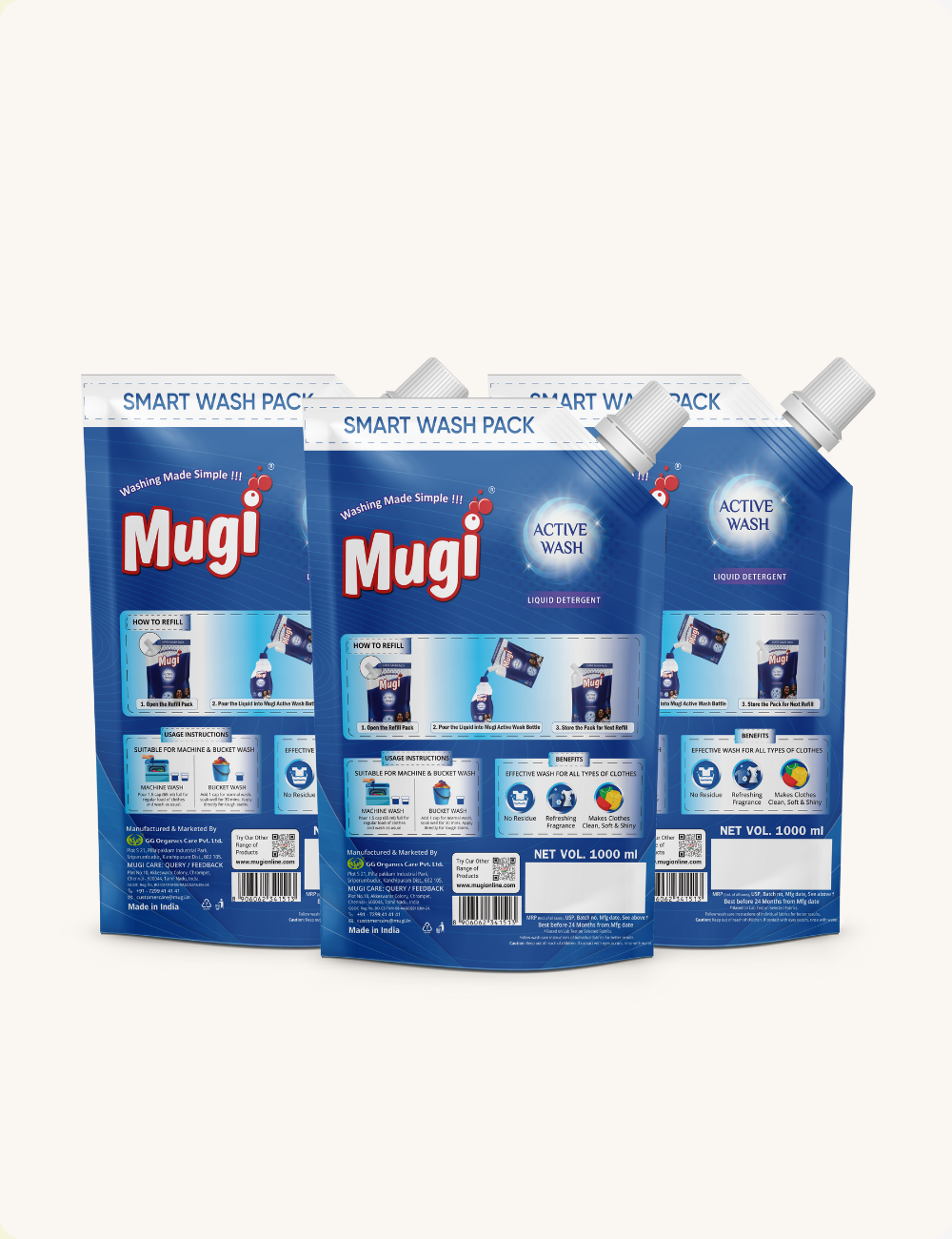 Mugi Active Wash Liquid Detergent - 1 Ltr Pouch (Pack of 3)