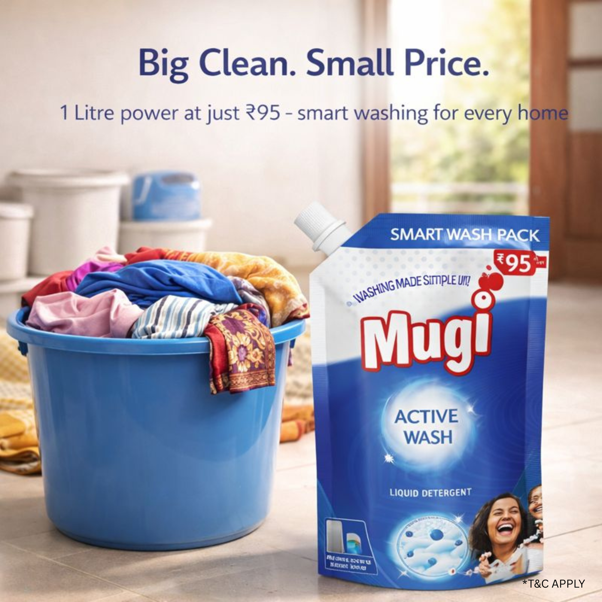 Mugi Active Wash Liquid Detergent - 1 Ltr Pouch (Pack of 3)
