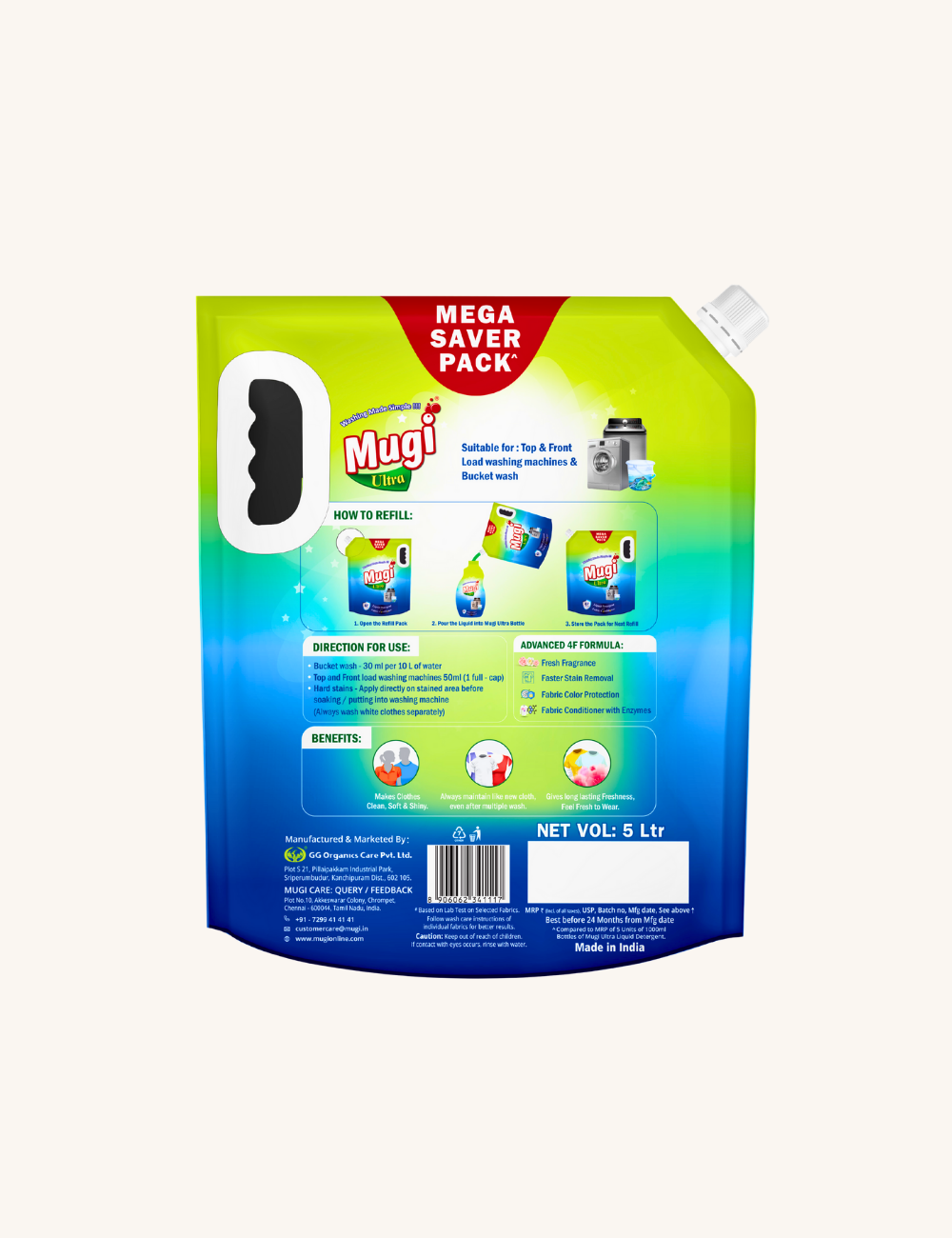 Mugi Ultra Premium Liquid Detergent 5L Pouch