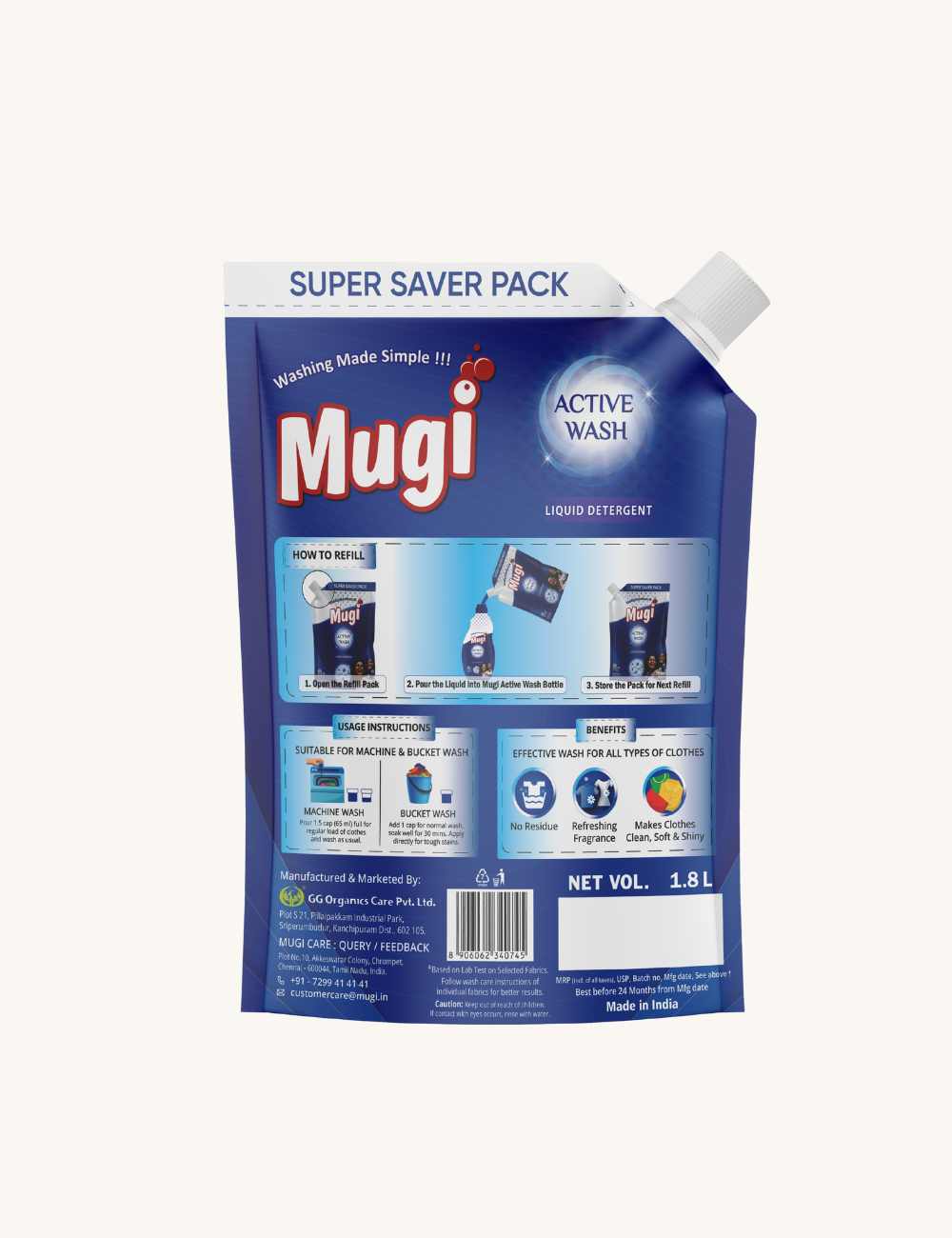 Mugi Active Wash Liquid Detergent 1800ml Pouch (Pack of 2)